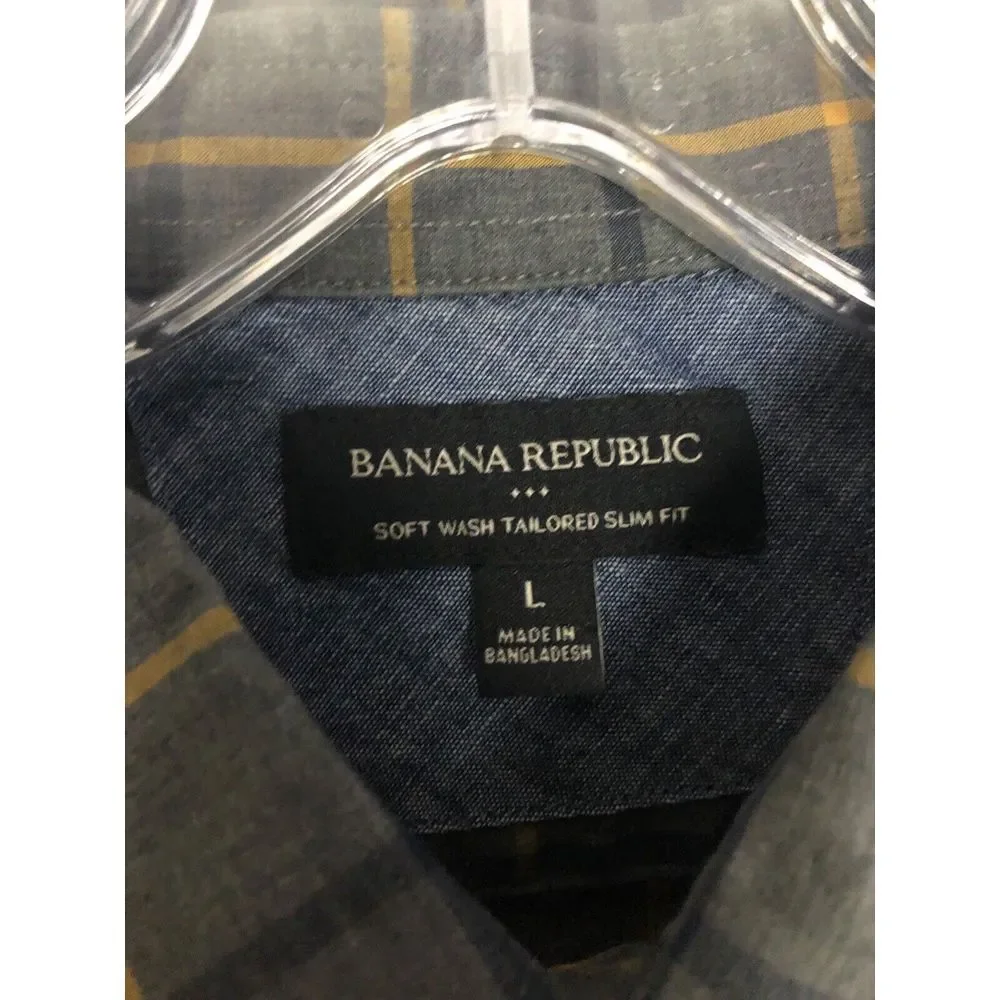 Banana Republic Soft Wash Tailored Slim Fit Shirt Size L Mens‎ Gray Plaid Cotton